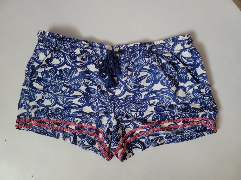 Loft linen blend floral print drawstring shorts blue sz XL